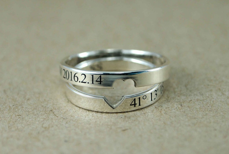 Couple Rings, Couple Ring Set, Promise Rings For Couples, His and Hers, Promise Ring, Custom Coordinates Ring, Location Ring, Heart Ring 