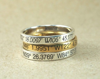latitude longitude Ring, personalized coordinates, Coordinates Ring, 3 mm. 925 Sterling Silver, Location Ring Sterling Silver, Stamped Ring