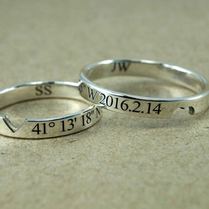 Couple Rings, Couple Ring Set, Promise Rings For Couples, His and Hers, Promise Ring, Custom Coordinates Ring, Location Ring, Heart Ring image 2