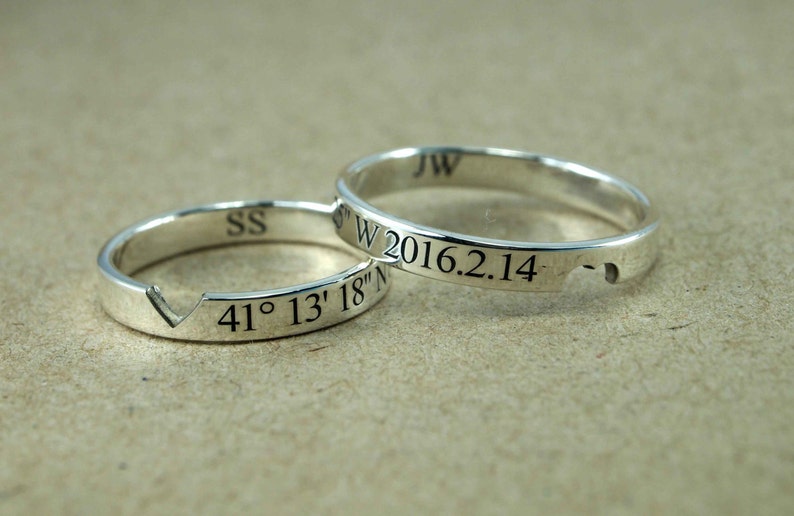 Couple Rings, Couple Ring Set, Promise Rings For Couples, His and Hers, Promise Ring, Custom Coordinates Ring, Location Ring, Heart Ring image 2