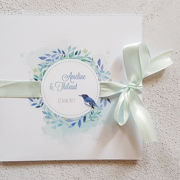 Faire-part de mariage thème oiseau bleu-vert avec son carton réponse inclus