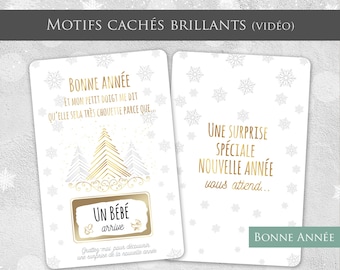 Carte à gratter d'annonce de grossesse pour une surprise de Bonne année ou de Noël, imitation or, flocons cachés en reflets brillants