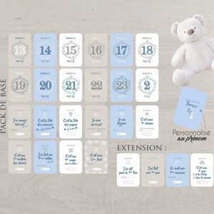 Set 2nd year of 22 or 26 personalized photo cards with the name of baby theme baby Boy (blue) with his box and satin ribbon