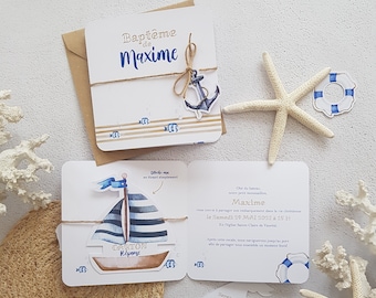 Faire-part de Baptême (ou anniversaire) thème marin, petit bateau, mer, petit mousse avec son carton réponse inclus