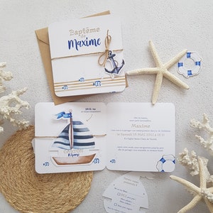 Baptism (or birthday) marine theme announcement, small boat, sea, small foam with its response card included