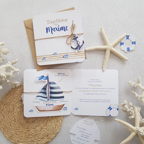 Faire-part de Baptême (ou anniversaire) thème marin, petit bateau, mer, petit mousse avec son carton réponse inclus