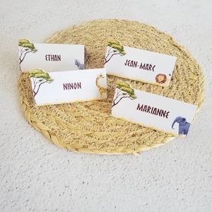 Lot de 12 marque-places thème Baptême Savane