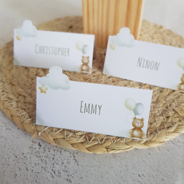 Set of 12 bear baptism themed place cards, blank or with first name