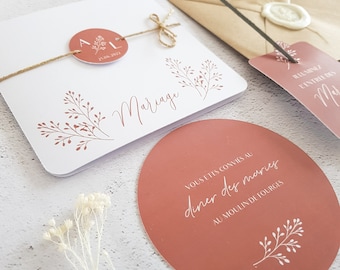 Faire part mariage fleurs séchées laser terracotta bohème