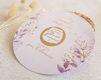 Application to be OFFICIANT of wedding ceremony - Envelope + Round scratch card of purple floral theme and gold imitation