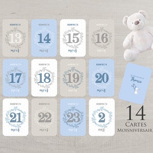 Set 2nd year of 22 or 26 personalized photo cards with the name of baby theme baby Boy blue with his box and satin ribbon image 3