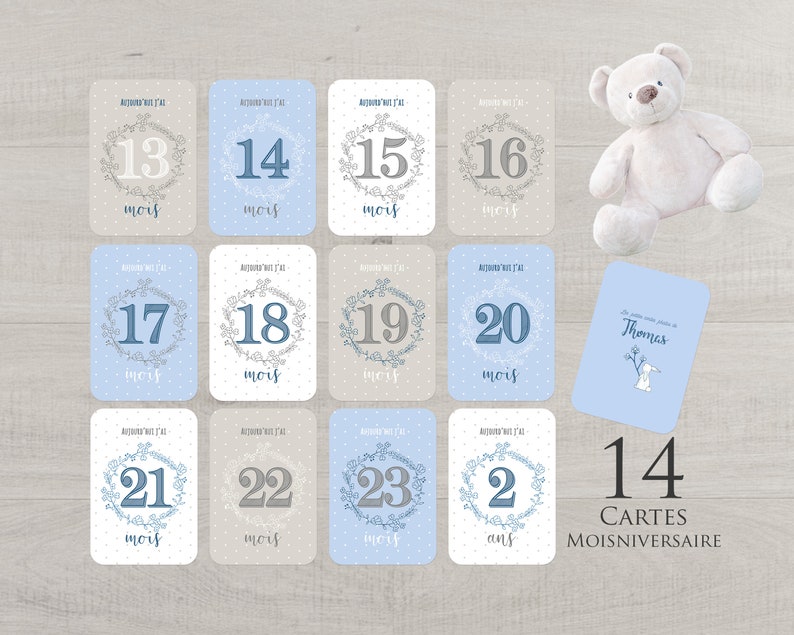 Set 2nd year of 22 or 26 personalized photo cards with the name of baby theme baby Boy blue with his box and satin ribbon image 3