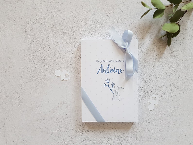 Set 2nd year of 22 or 26 personalized photo cards with the name of baby theme baby Boy blue with his box and satin ribbon image 4