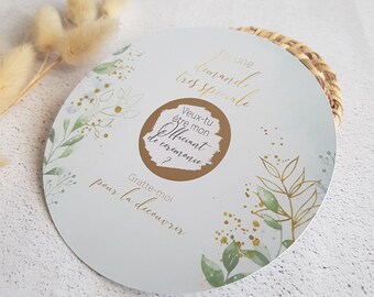 Solicitud para ser OFICIANTE de ceremonia de boda - Sobre + Tarjeta de rasca y gana redonda de tema floral musgo verde e imitación oro