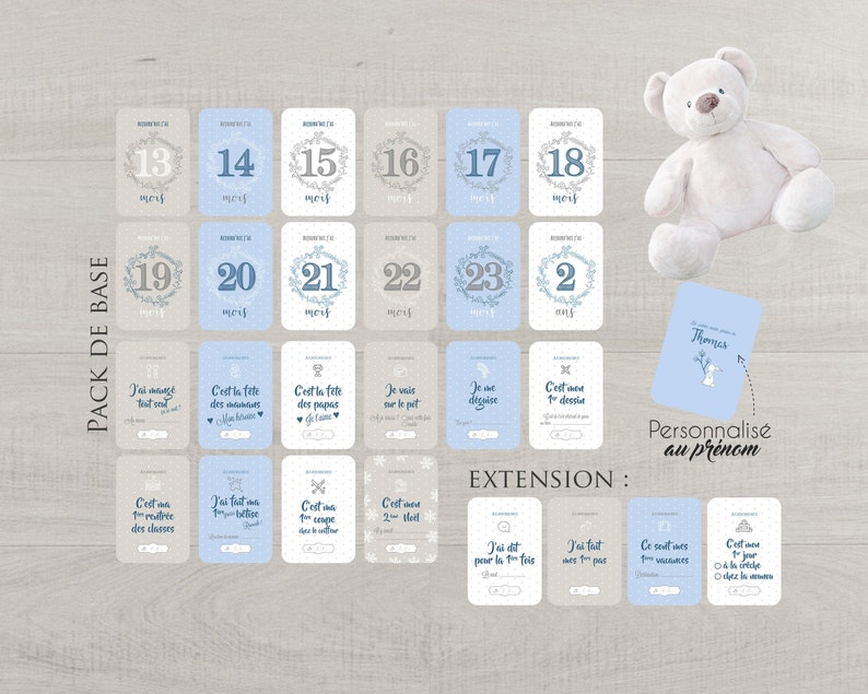 Set 2nd year of 22 or 26 personalized photo cards with the name of baby theme baby Boy blue with his box and satin ribbon image 1