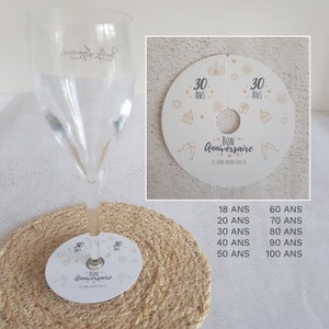 20 marque-verres ANNIVERSAIRE 18, 20, 30, 40, 50, 60, 70 ou 80ans pour retrouver son verre à pied ou flute à champagne avec prénom à écrire image 1