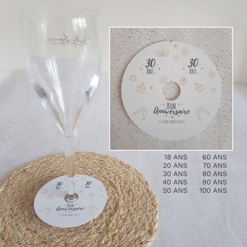 20 marque-verres ANNIVERSAIRE 18, 20, 30, 40, 50, 60, 70 ou 80ans pour retrouver son verre à pied ou flute à champagne avec prénom à écrire image 1