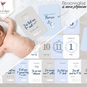 Set van 26 eerstejaarsfotokaarten voor babyjongen (blauw), personaliseerbaar met de voornaam van de baby