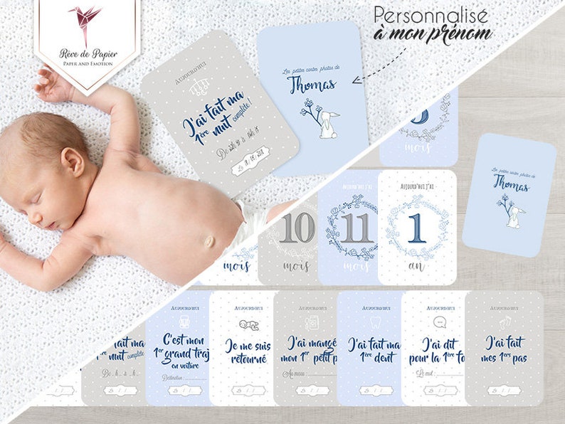 Set van 26 eerstejaarsfotokaarten voor babyjongen blauw, personaliseerbaar met de voornaam van de baby afbeelding 1