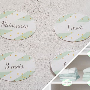 Lot d'étiquettes rayées vert d'eau pois imitation or pour organisation d'armoire  de bébé par âges, séparateurs d'âges