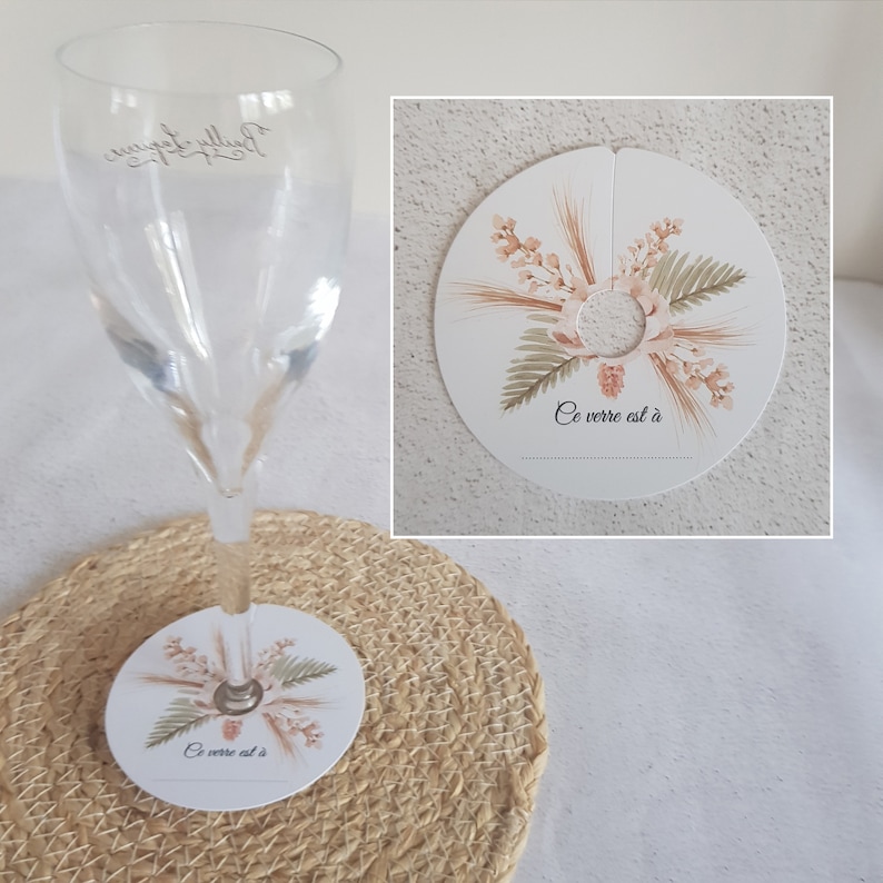 Lot 20 étiquettes marque-verre prénom thème FLORAL pour reconnaître son verre au vin d'honneur cocktail baptême mariage anniversaire image 1