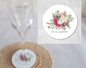 Lot 20 étiquettes à verre marque prénom thème Hivernal NOËL pour reconnaître son verre