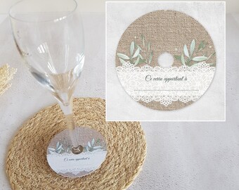 Lot 20 wine glass labels cocktail baptism wedding anniversary brand first name JUTE-OLIVIER theme to recognize your glass