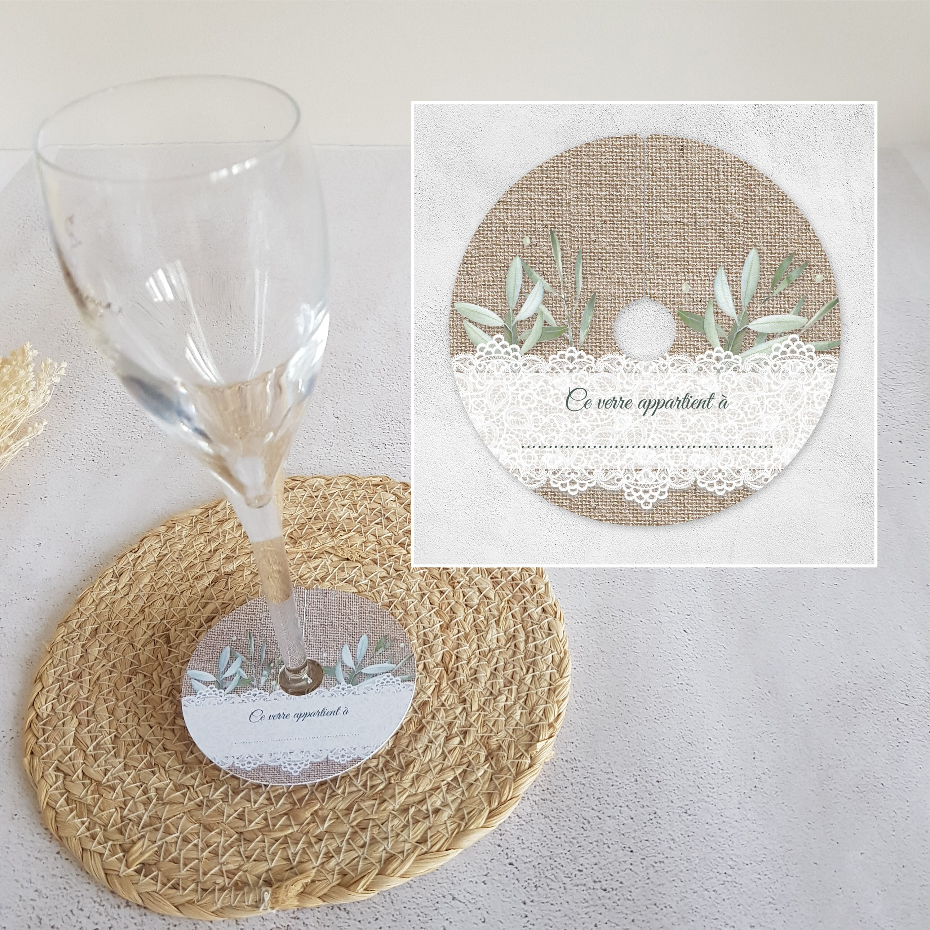 Marque-verres à Vin Et Champagne - Lot De 20 Collerettes En Papier Imprimé Eucalyptus | Pour Mariage, événement, Cocktail | Clip Sur Pied, écriture Au Crayon