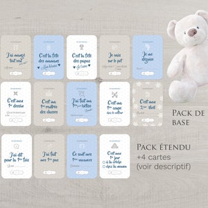 Set 2nd year of 22 or 26 personalized photo cards with the name of baby theme baby Boy blue with his box and satin ribbon image 2