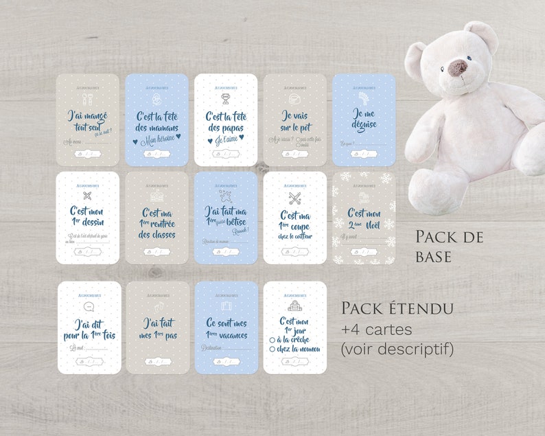 Set 2nd year of 22 or 26 personalized photo cards with the name of baby theme baby Boy blue with his box and satin ribbon image 2