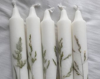 Pressed Flower Taper Dinner Candles Botanical Table Decor Hand Decorated Floral Candle Greenery Christmas Candles