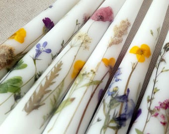 Pressed Flower Taper Dinner Candles Botanical Table Decor Hand Decorated Floral Candle Wedding Decor