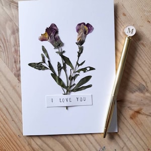 Vraie fleur pressée carte | de correspondance botanique | Art floral pressé | Je t'aime | Carte de voeux