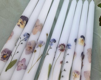 Pressed Flower Taper Dinner Candles Botanical Table Decor Hand Decorated Floral Candle