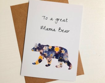 Mothers Day Card Mama Bear Greeting Card Note Card Pressed Flower Art