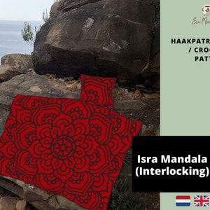 May include: A red and black crochet mandala pattern with the text "Isra Mandala (Interlocking)" and the words "Haakpatroon / Crochet Pattern".
