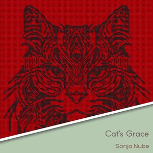 Könnte beinhalten: Eine stilisierte Schwarzweißillustration eines Katzenkopfes auf rotem Hintergrund. Das Bild trägt den Titel "Cat's Grace" von Sonja Nube.