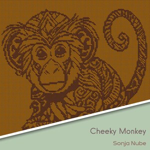 Op de afbeelding: Bruine en bruinbeige gepixeleerde illustratie van een aap met ingewikkelde patronen. De aap heeft een gekrulde staart en staat tegen een bruinbeige achtergrond. De tekst "Cheeky Monkey" en "Sonja Nube" staan onderaan.