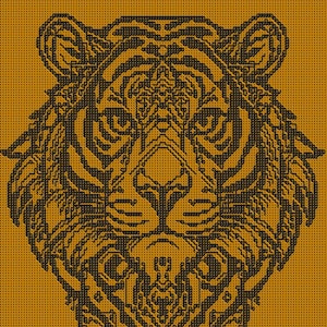 Op de afbeelding: Een zwart-wit gepixelde afbeelding van een tijgergezicht op een gouden achtergrond.