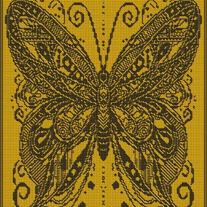 Könnte beinhalten: Ein schwarz-weißes Schmetterlingsdesign auf gelbem Hintergrund. Der Schmetterling ist kompliziert und detailliert, mit vielen kleinen Linien und Kurven.