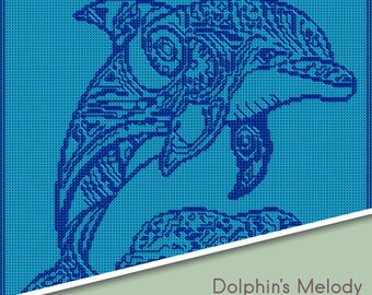 May include: A blue and white pixel art image of a dolphin jumping out of the water. The image is on a blue background and has the text "Dolphin's Melody" and "Sonja Nube" at the bottom.