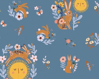 Poppie Cotton Hide & Seek Sunny Bunny Blue Cotton Fabric