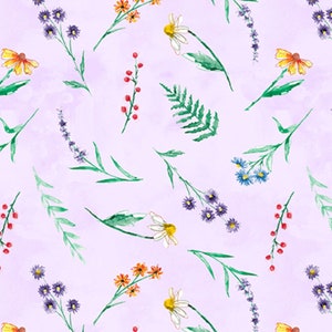 May include: A seamless pattern featuring watercolor illustrations of various wildflowers and foliage on a light purple background. The flowers include daisies, purple wildflowers, and orange wildflowers. The foliage includes ferns and green leaves.