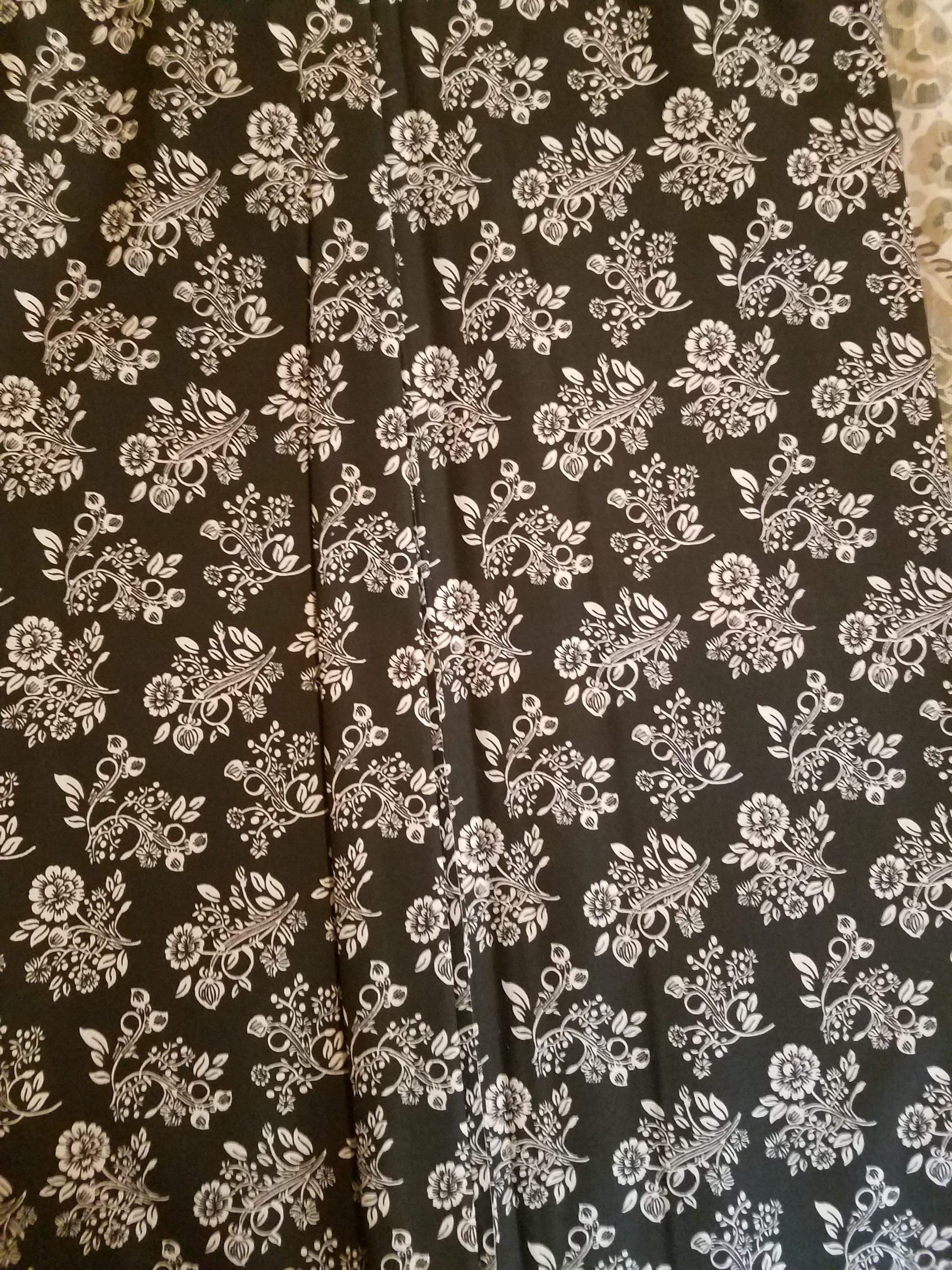 Black and Cream Floral Cotton Fabric, Fabric By The Yard,