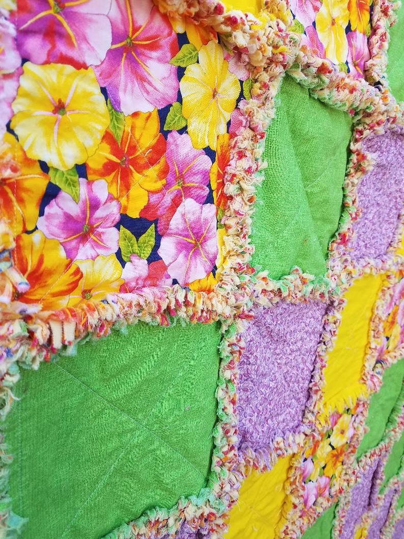 Green Yellow Lavender Floral Blanket Rag Quilt Blanket Throw