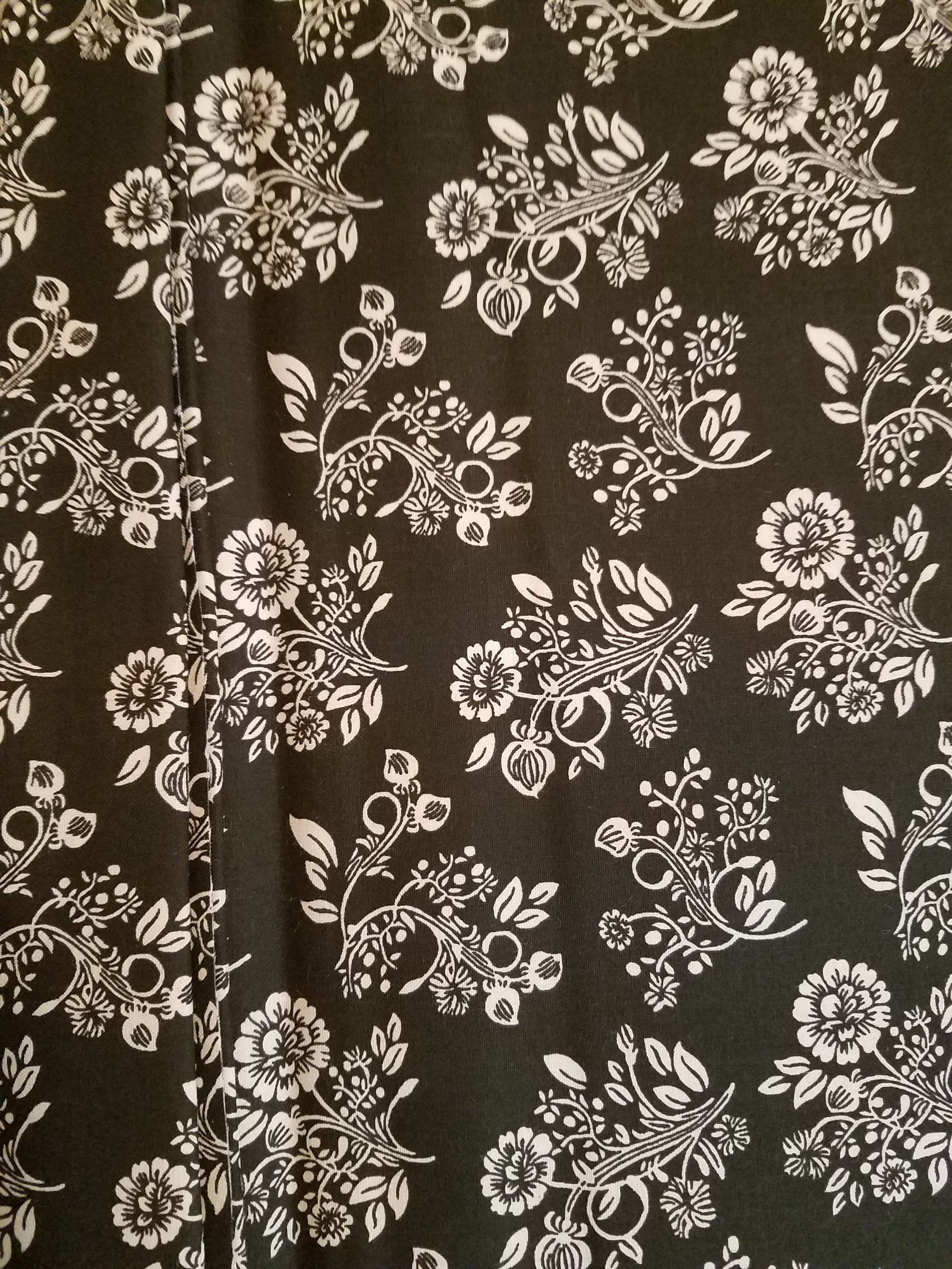 Black and Cream Floral Cotton Fabric, Fabric By The Yard,
