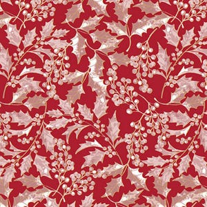 A Winter’s Day Winter Holly Fabric – Benartex | Metallic Holly Leaves on Red Cotton