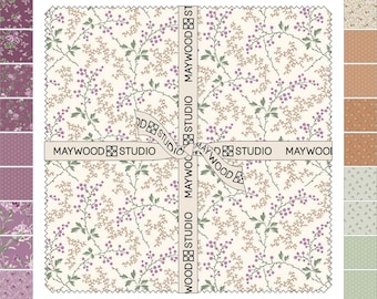 May include: A square stack of fabric squares featuring a variety of floral and botanical patterns in shades of purple, green, and tan. The stack is tied with a cream-colored ribbon printed with the text MAYWOOD STUDIO repeatedly.