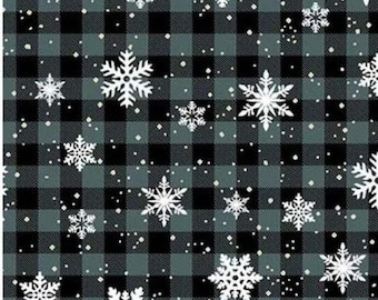 Oh Deer Fabric, Michael Miller 100% Cotton Black Plaid With Snowflakes