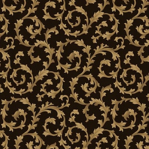 May include: A repeating pattern of gold-colored, stylized leaves and vines on a dark brown background. The design is intricate and detailed, with a classic, ornate aesthetic. The pattern is suitable for wallpaper or fabric.